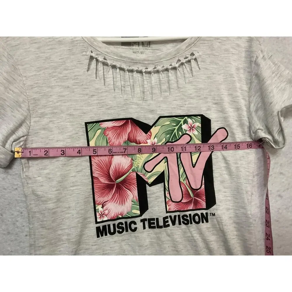 MTV Music Shirt Girls‎ M Gray Floral Logo Cutout Scoop Neck Graphic Tee